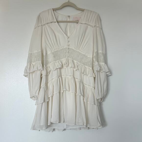 EUC Cinq à Sept Sanya Dress Ivory 100% Silk Tiered Mini Dress Size 6 Ruffle Lace - Picture 8 of 16